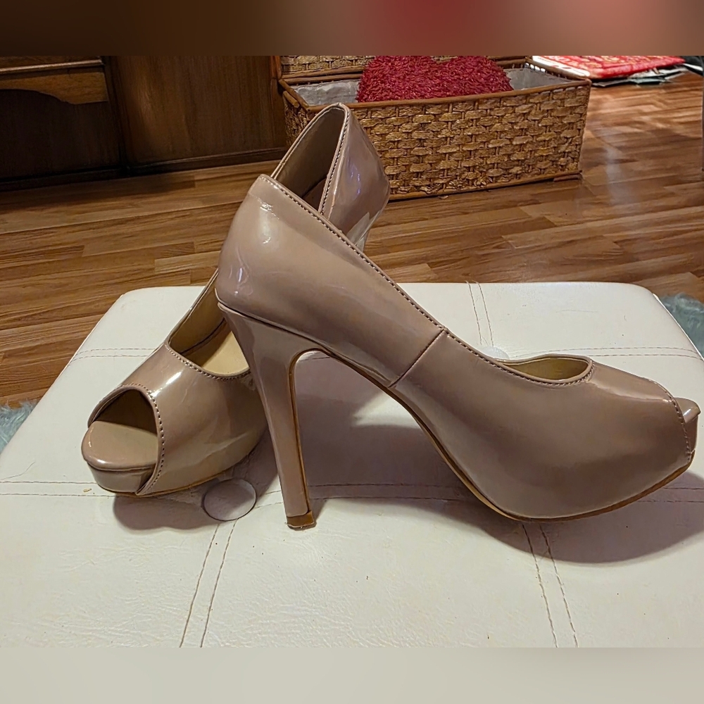 Nude Shiny Peep-Toe 4" Heel Toe Stiletto Pump Platform Vintage Shoes S 6.5